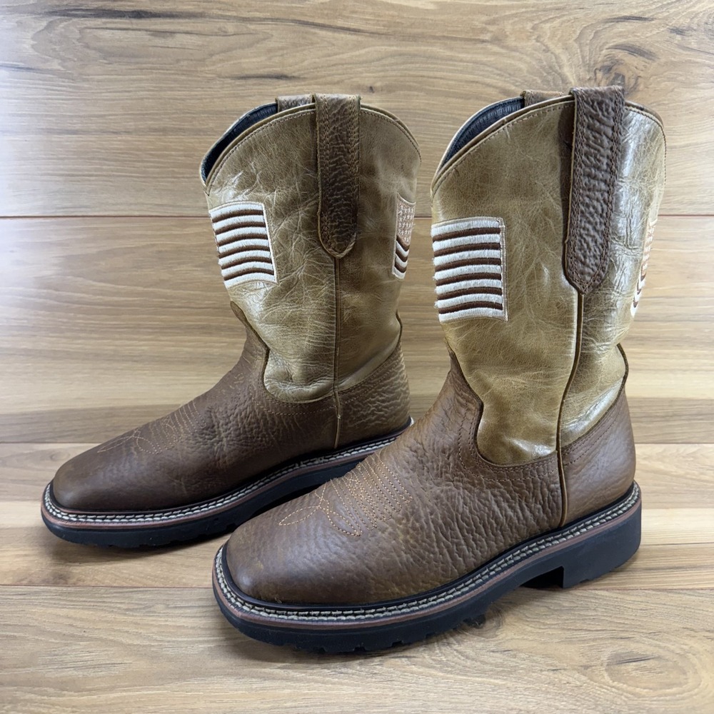 JB Dillon Mens 6 D Brown Leather Square Toe Boots American Flag